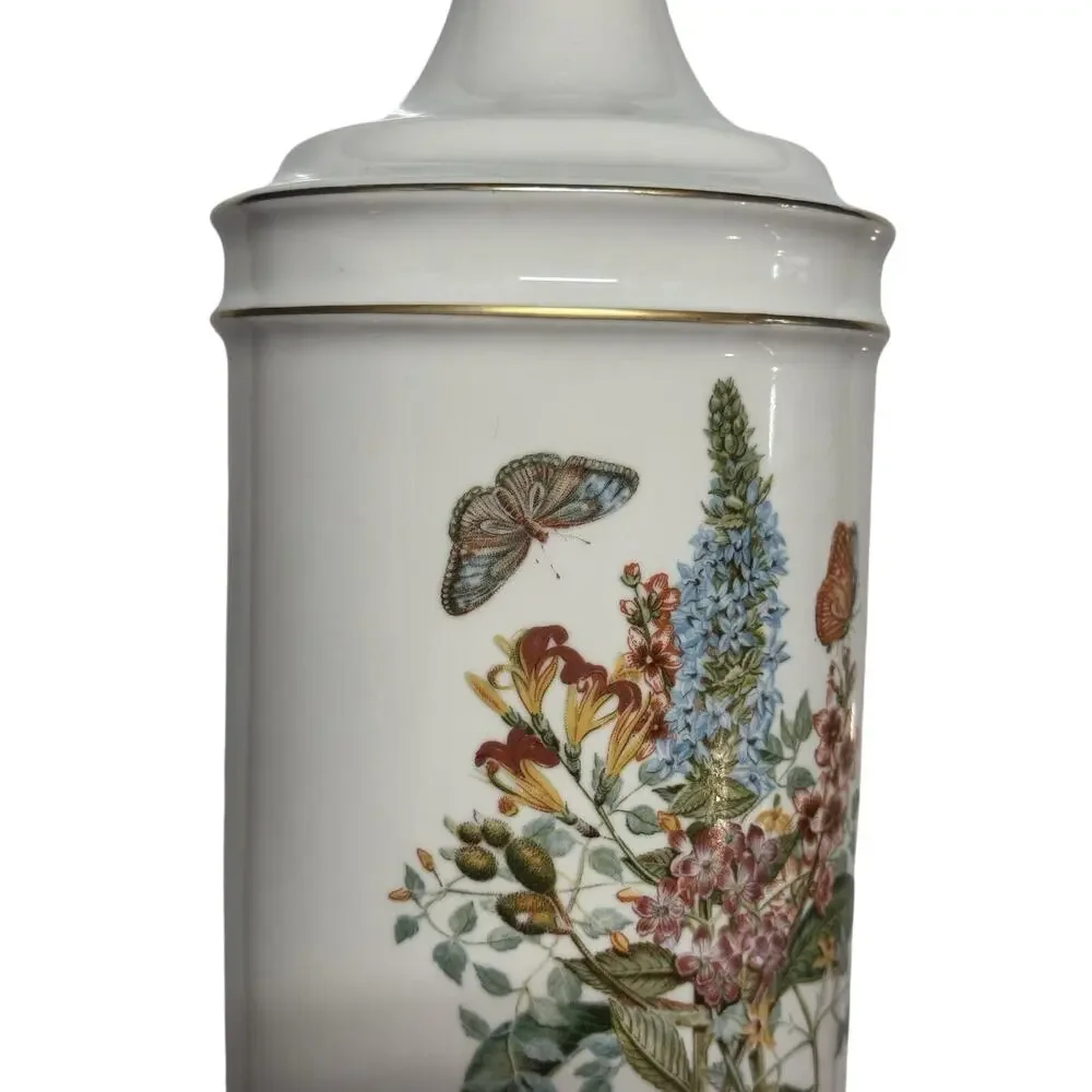Vintage Pair White Gold Trim Ceramic Table Lamps With Floral Birds Butterflies